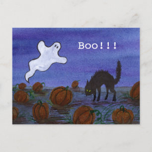 Postal Gato fantasma y negro en el parche de calabaza