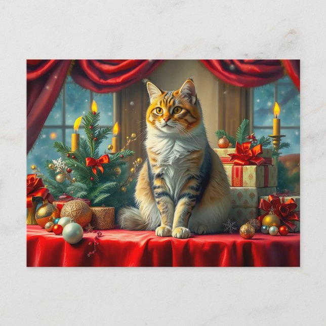 Postal Gato festivo con decoraciones navideñas (Anverso)
