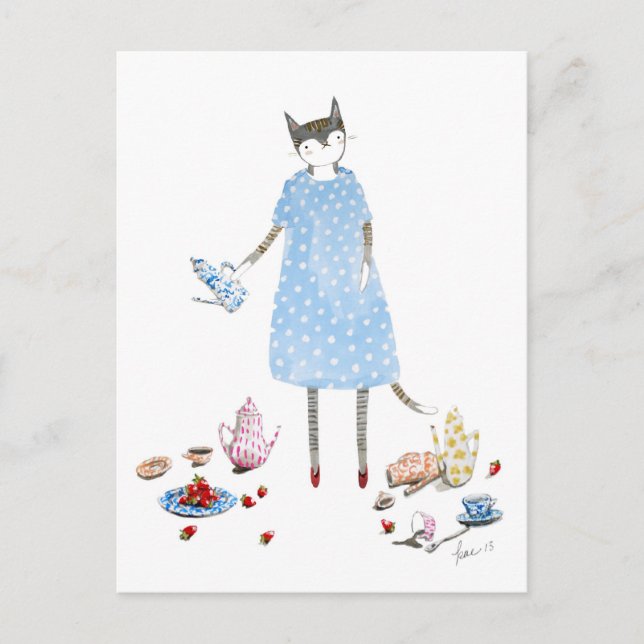 Postal Gato Fiesta de té con vestido de Karen Walker (Anverso)