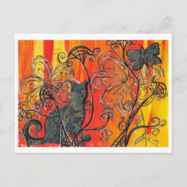 Postal Gato Flor y Mariposa