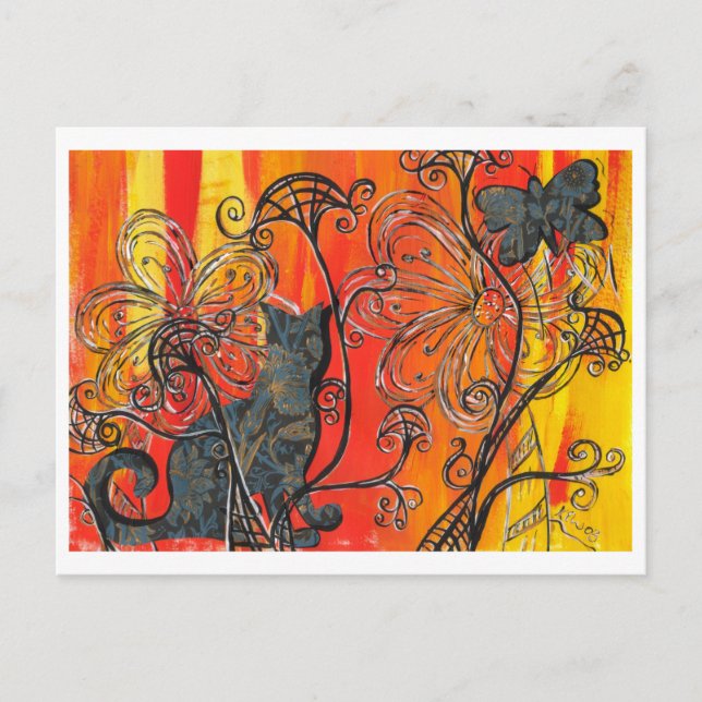 Postal Gato Flor y Mariposa (Anverso)