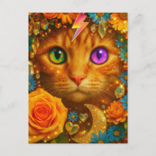 Postal Gato Floral Soñador con Ojos de Arcoíris Místico