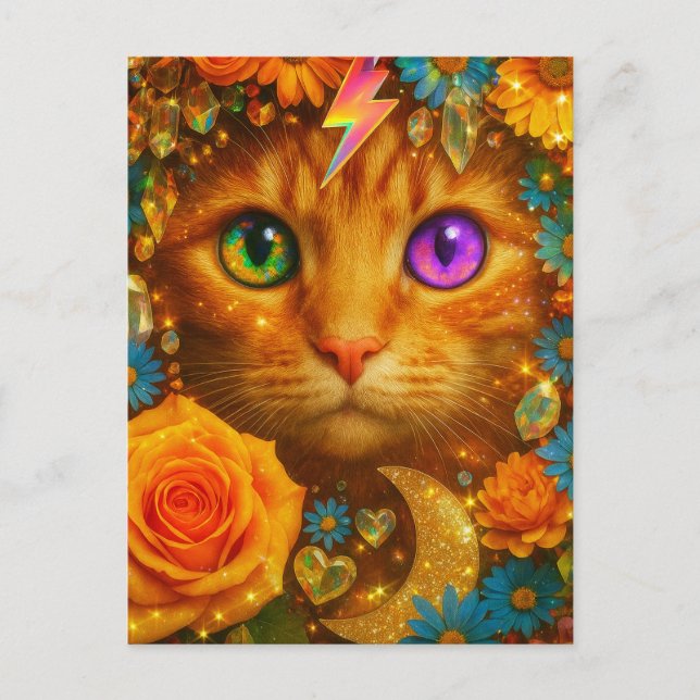 Postal Gato Floral Soñador con Ojos de Arcoíris Místico (Anverso)