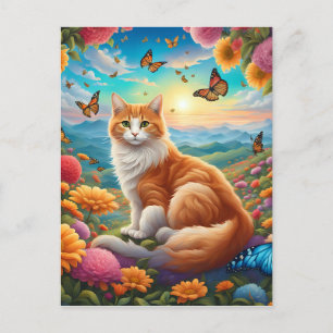 Postal Gato fluido sentado en un campo de flores