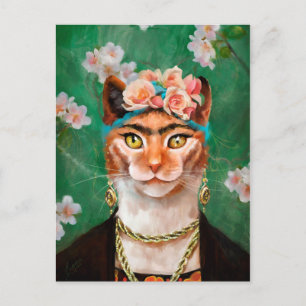 Postal gato Frida con flores