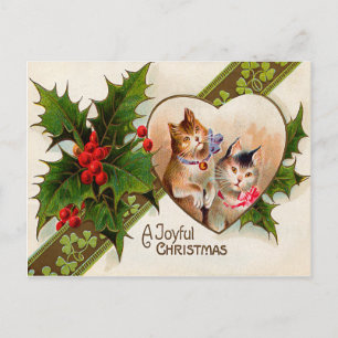 Postal Gato Gatito Corazón Trébol de Cuatro Hojas Acebo