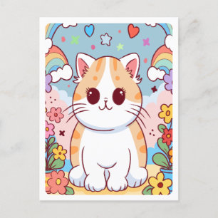 Postal Gato gatito de dibujos animados lindo, flores, arc
