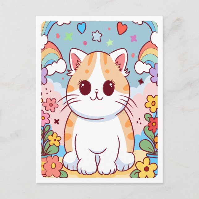 Postal Gato gatito de dibujos animados lindo, flores, arc (Anverso)
