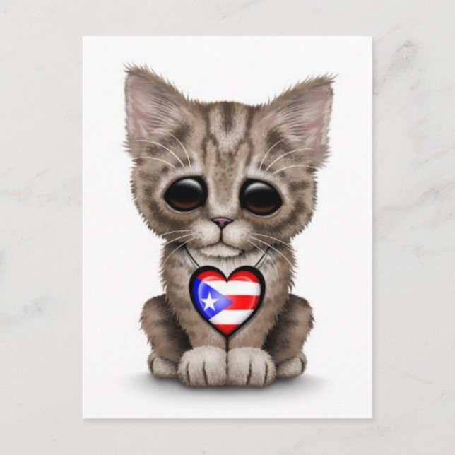 Postal Gato gatito lindo con bandera de Puerto Rico, blan (Anverso)