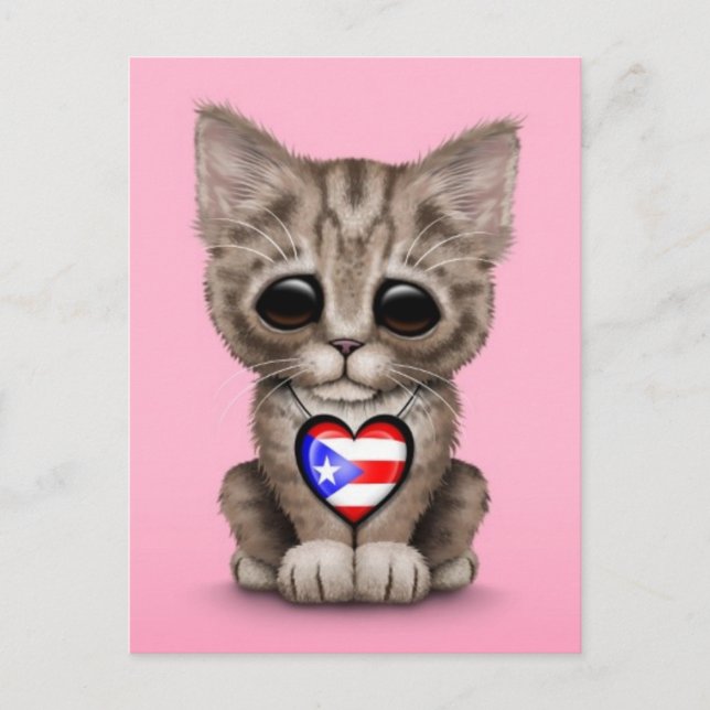 Postal Gato gatito lindo con bandera de Puerto Rico, rosa (Anverso)