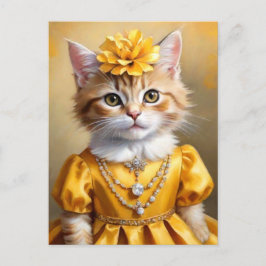 Postal Gato gatito lindo con vestido amarillo
