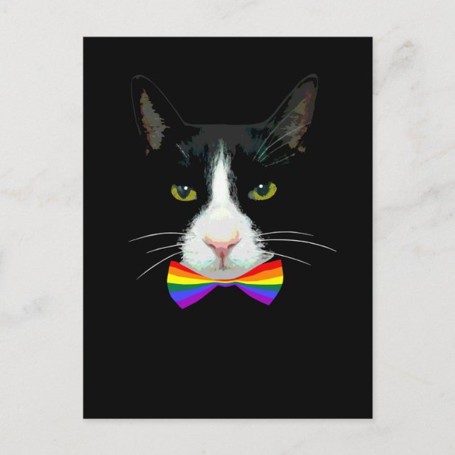 Postal Gato gay LGBT con corbata de arco iris (Anverso)