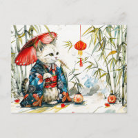 Gato Geisha Blanco con paraguas rojos en las costa