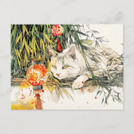 Postal Gato Geisha blanco con tinta china en el bosque de