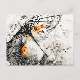 Postal Gato Geisha con orquídeas blancas en chino