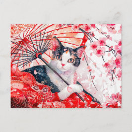 Postal Gato Geisha con paraguas en pintura de tinta china