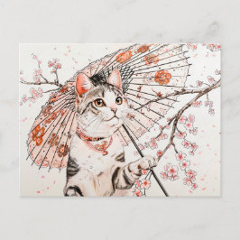 Postal Gato Geisha con Parasol Ornate y cerezo