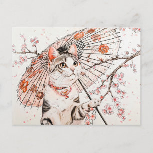 Postal Gato Geisha con Parasol Ornate y cerezo