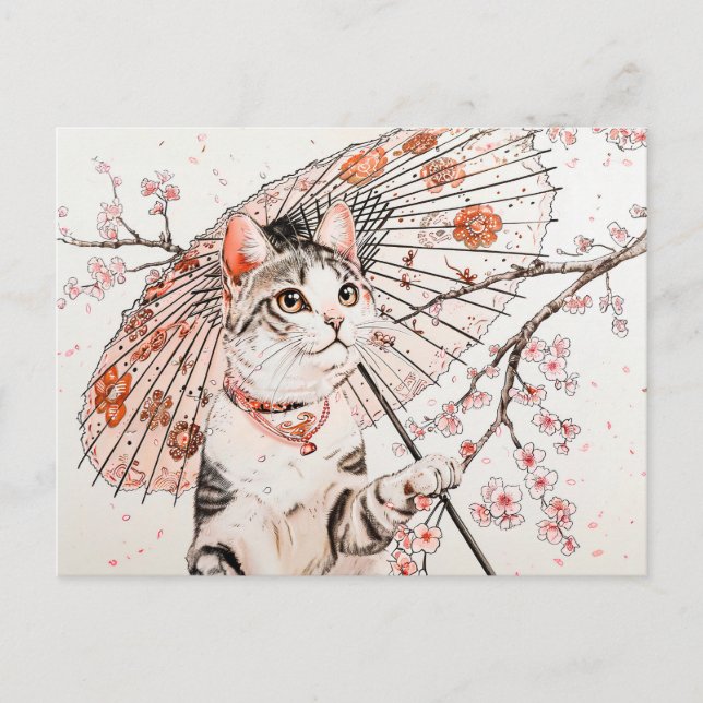 Postal Gato Geisha con Parasol Ornate y cerezo (Anverso)