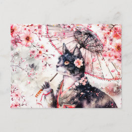 Postal Gato Geisha con Parasol y flores de cerezo