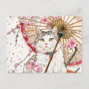 Postal Gato Geisha con Parasol y flores de cerezo