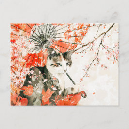 Postal Gato Geisha con Parasol y flores de cerezo