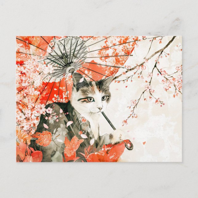 Postal Gato Geisha con Parasol y flores de cerezo (Anverso)