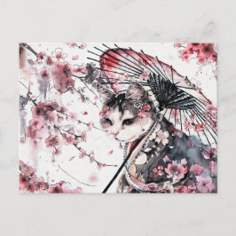 Postal Gato Geisha con Parasol y flores de cerezo en Chi