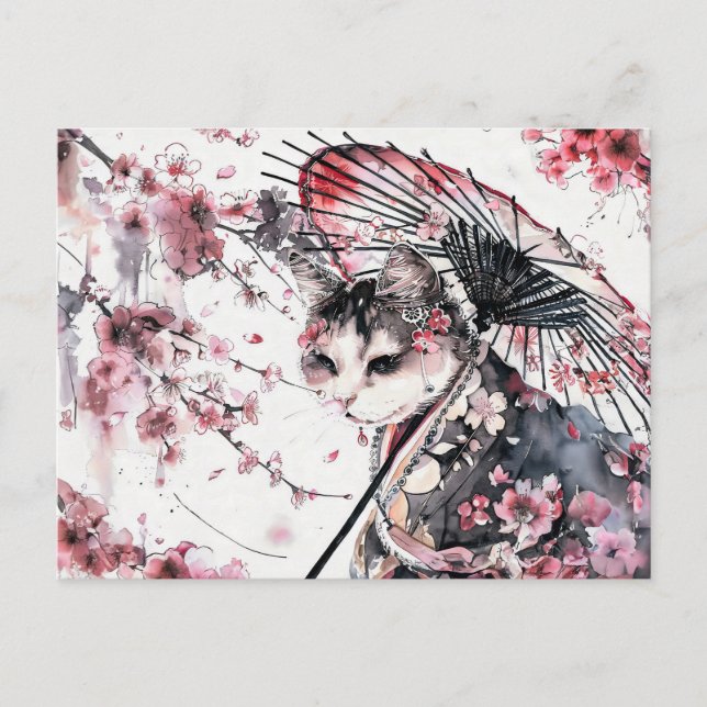 Postal Gato Geisha con Parasol y flores de cerezo en Chi (Anverso)