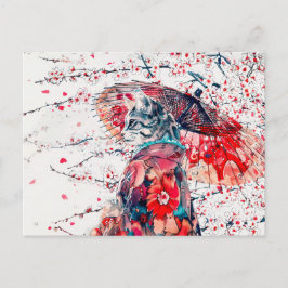 Postal Gato Geisha Majestuoso Entre Flores De Cerezo