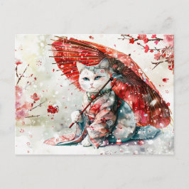 Postal Gato Geisha Misterioso con Parasol Rojo
