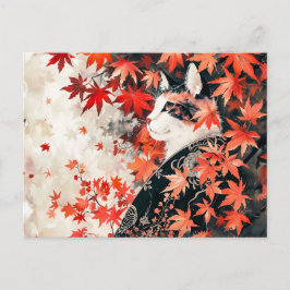 Postal Gato Geisha negro y blanco bajo hojas de arce rojo