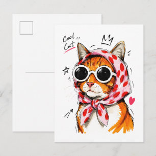Postal Gato Genial con Gafas de Sol y Pañuelo de Lunares