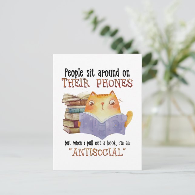 Postal Gato: Gente sentada en su teléfono (Anverso de pie)