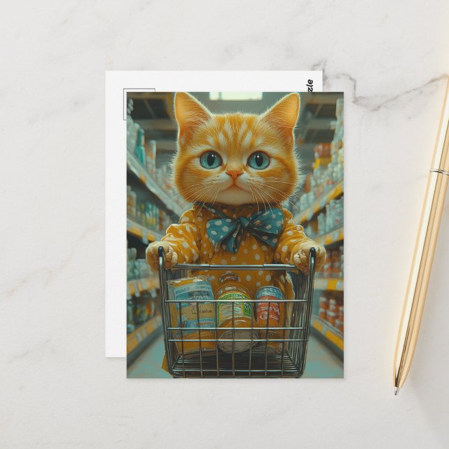 Postal Gato Gingembre Adorable Comprando Comestibles (Anverso/Reverso In Situ)