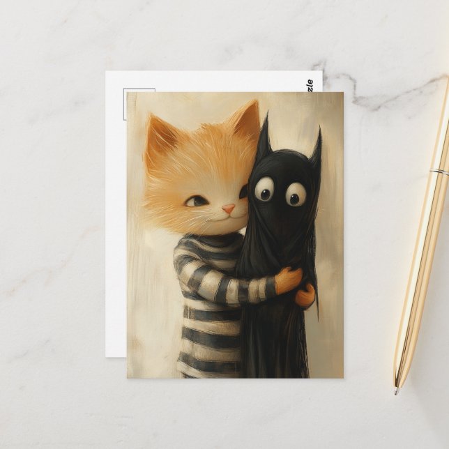 Postal Gato ginger adorable y fantasma de gatito negro (Anverso/Reverso In Situ)