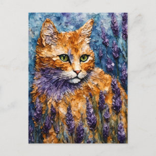 Postal gato ginger en un campo de lavanda