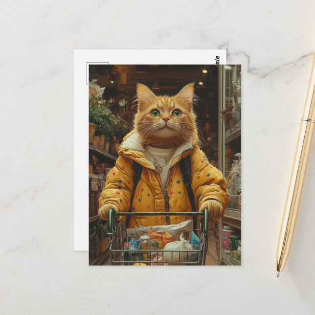 Postal Gato Gingiber Encantador Comprando Comestibles (Anverso/Reverso In Situ)