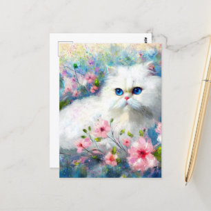 Postal Gato gitano blanco persa ojos azules en flores ros