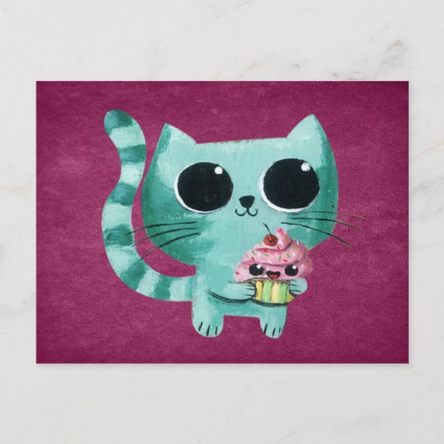 Postal Gato gitano lindo con torta Kawaii (Anverso)