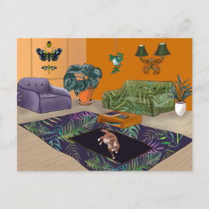 Postal Gato graso esbelto en la habitación amarilla de la