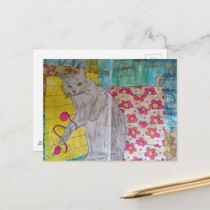 Postal Gato gris adorable collage de medios mixtos