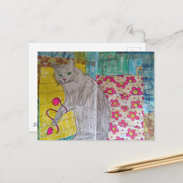 Postal Gato gris adorable collage de medios mixtos (Anverso/Reverso In Situ)