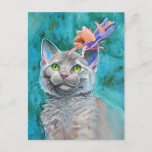 Postal Gato gris con hadas