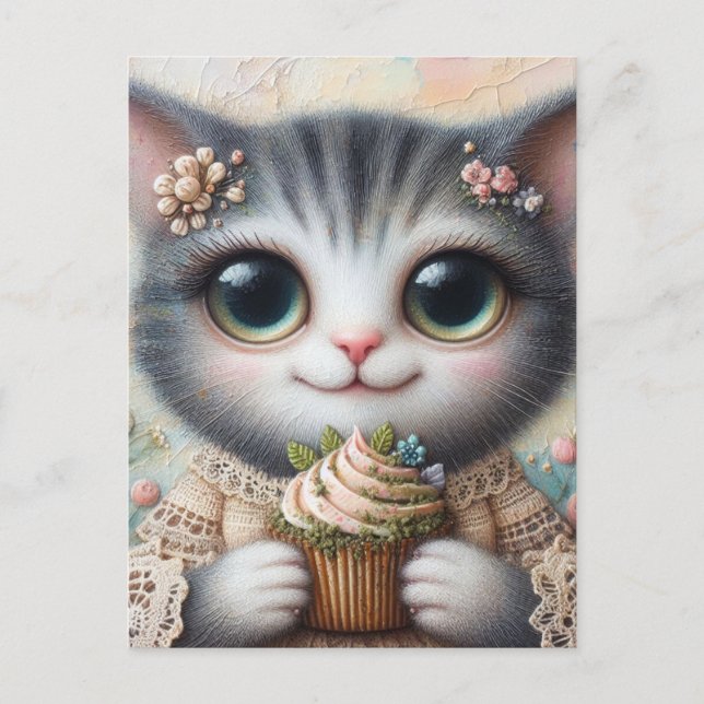 Postal Gato gris con pastel (Anverso)