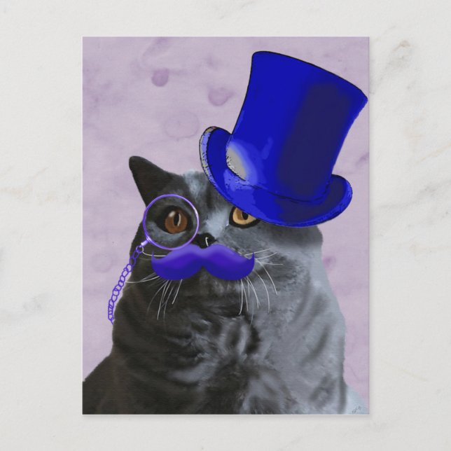Postal Gato gris con sombrero azul superior y bigote (Anverso)