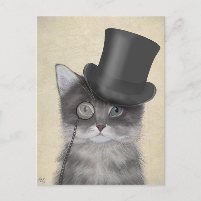 Postal Gato gris con sombrero superior (Anverso)