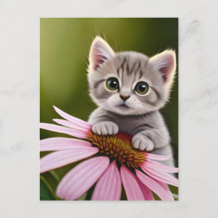 Postal Gato gris pequeñito floral adorable