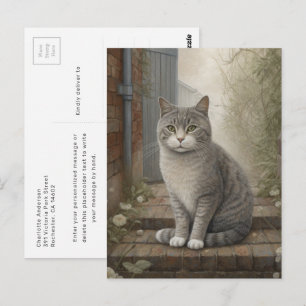 Postal Gato Gris Sereno Relajándose en el Patio Trasero T