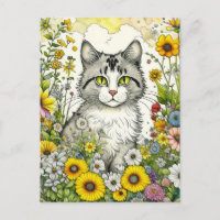 Gato gris y blanco gitano sentado en flores